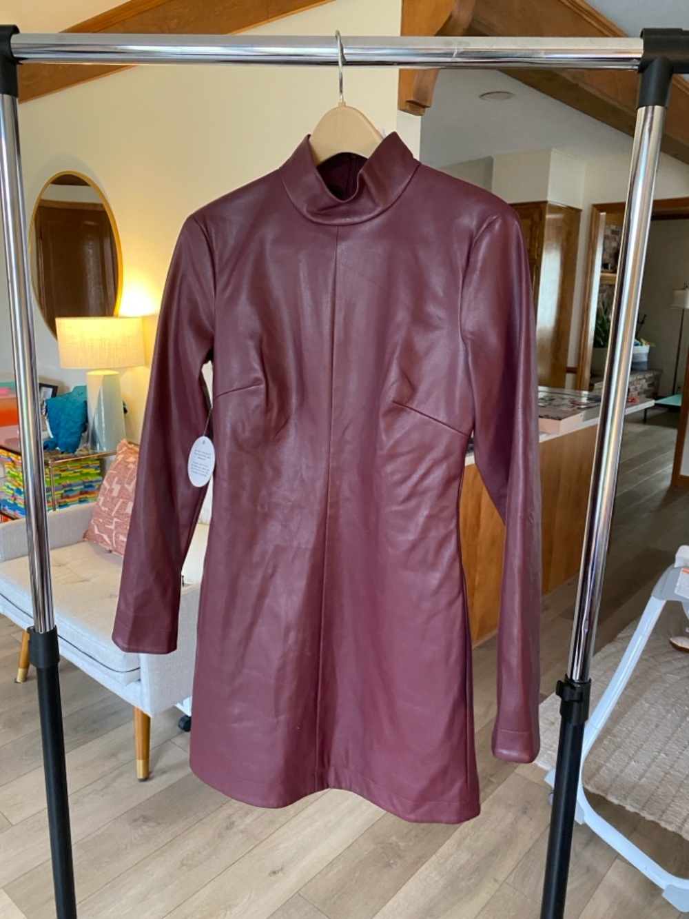 STAUD Burgundy Long Sleeve Leather Tunic Dress